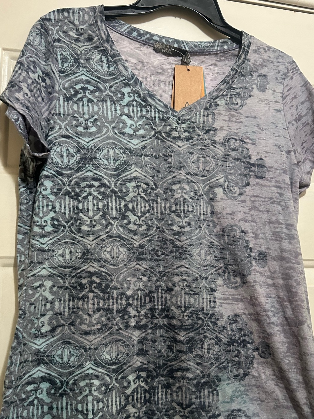 Prana Women's V-Neck Short Sleeve Printed Top - Gray & Light Teal NWT